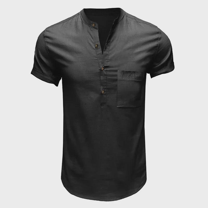 Men's Summer Cotton Linen Casual Pullover Short-Sleeve Shirt