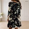 Women Plus Size Scalloped V Neck Long Sleeve Floral Printed Navy Blue Dress