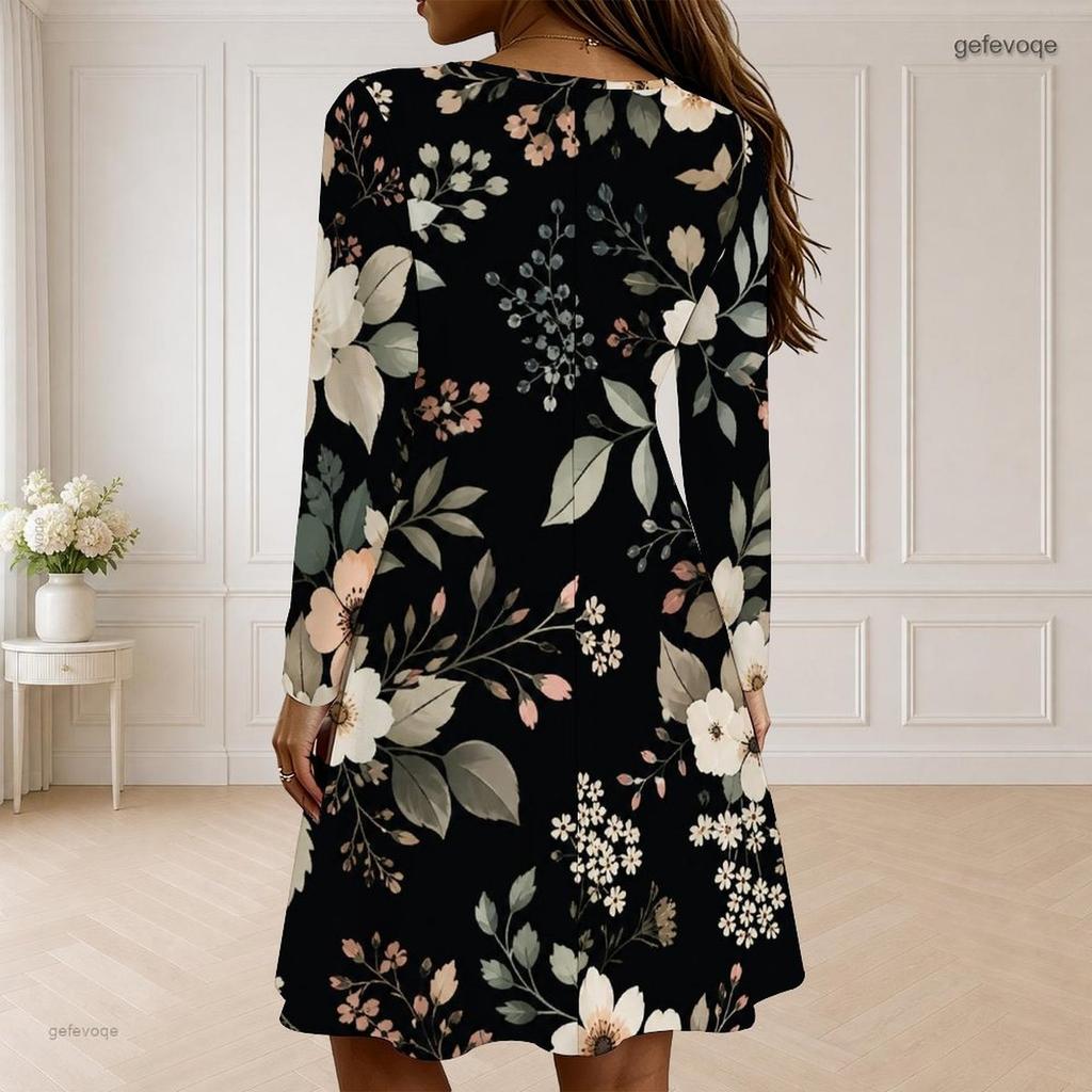 Women Plus Size Scalloped V Neck Long Sleeve Floral Printed Navy Blue Dress