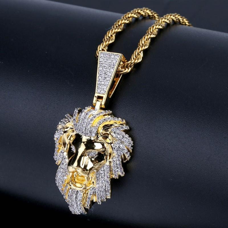 Hip Hop Lion Head Pendant Necklace Gold Plated Micro Pave Zircon Trendy Mens Jewelry