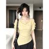 Pure design swinging collar off-shoulder ruffle edge light purple T-shirt women's summer French irregular hem top