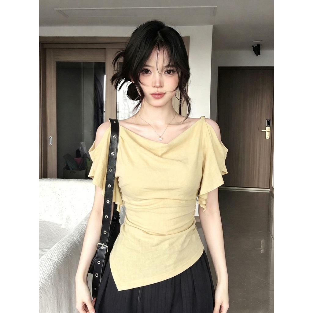 Pure design swinging collar off-shoulder ruffle edge light purple T-shirt women's summer French irregular hem top