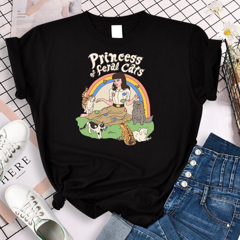 

Harajuku Women s T-Shirts Princess Of Ferae Cats Printed Graphic Black Tees Aesthetic Y2K Tops Srteet T Shirt Camiseta Feminina S білий