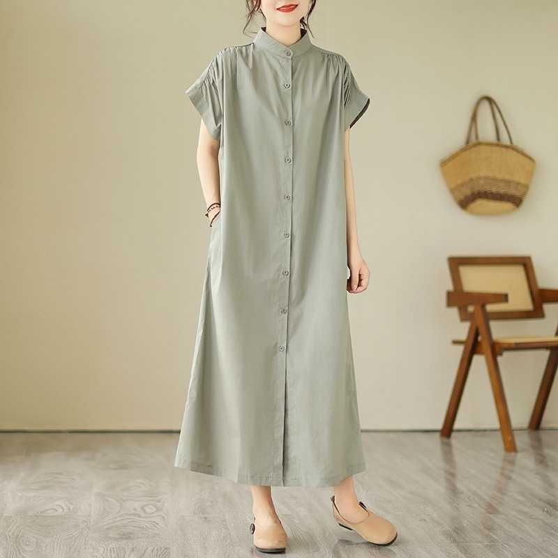 Short Sleeved Stand Up Collar Loose Casual Shirt Skirt