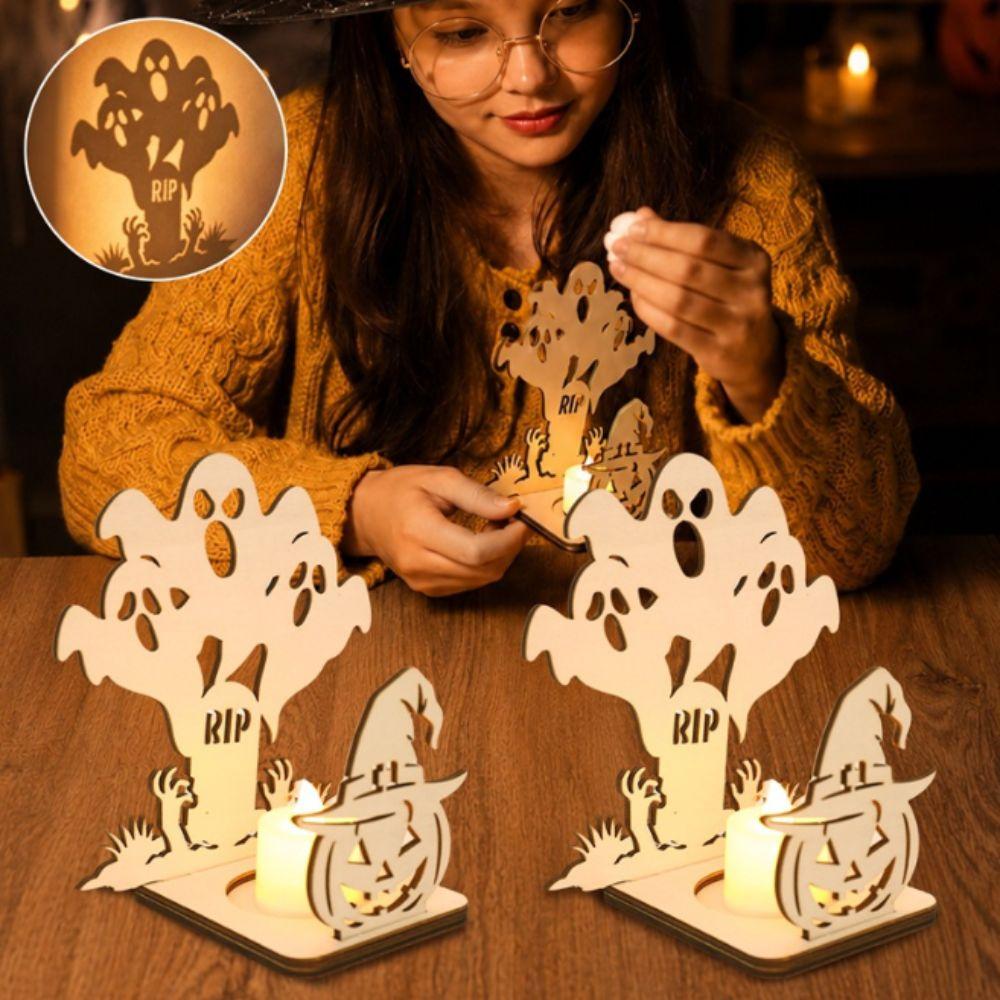 Wooden Material Wooden Candle Holder Shadow Projection Design Halloween Candlestick  Indoor Decor