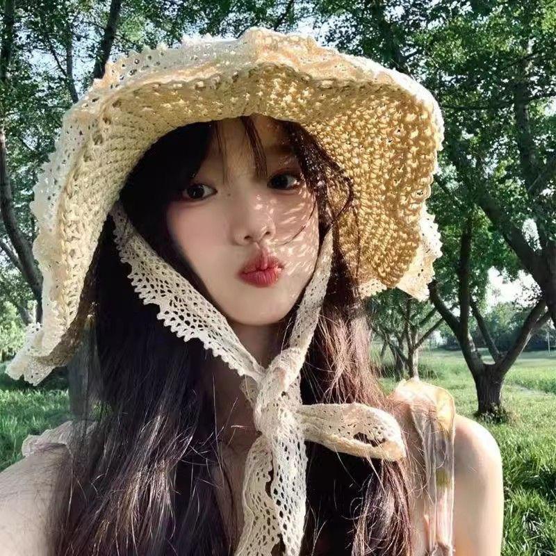 Women's Straw Hat Straw Weaving Hat Women's Lace Travel Beach Sunscreen Hat Beach Hat Sunshade Hat