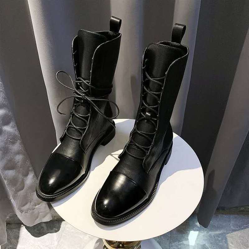 Patent Leather Women Boots British Style Flat Boots Black Pointed Toe Boots Handsome Motorcycle Boots Women's Boots Big Size 43