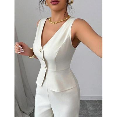 2026 European & American Women's Solid Color Sleeveless Vest & High Waist Long Pants Set