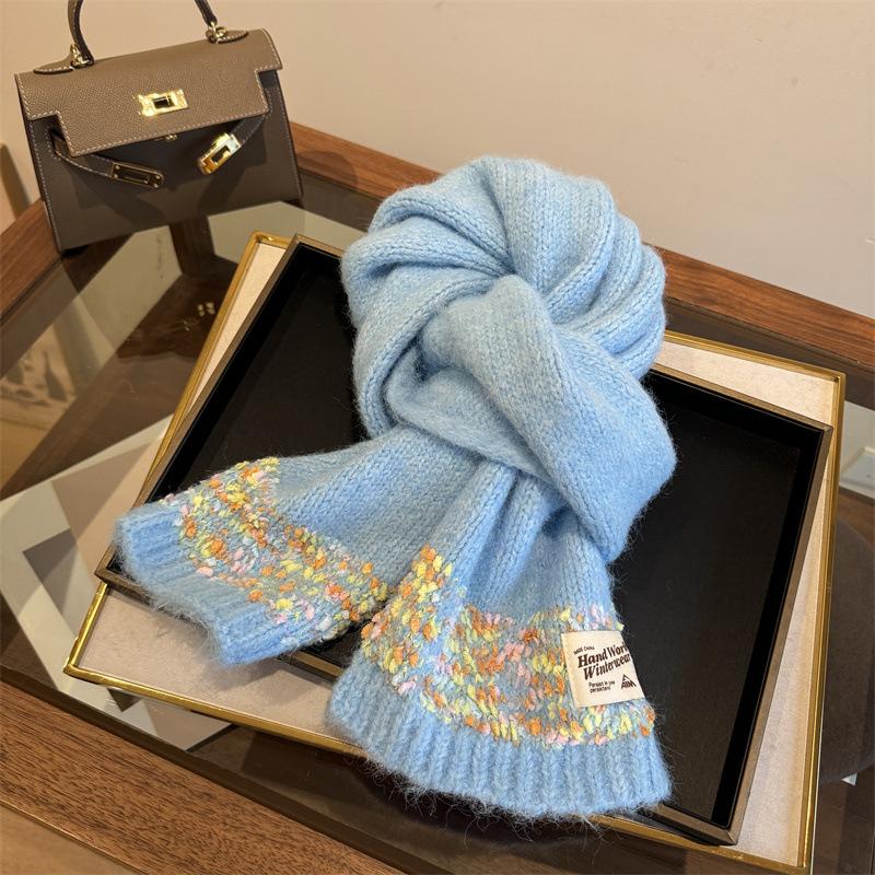 

New color matching plush short small scarf women s winter warm versatile sweet scarf 140*20 синий