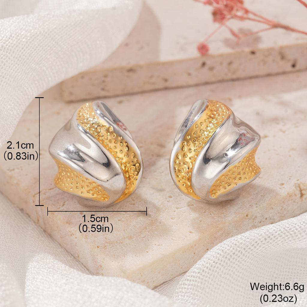 Metal wind geometric irregular pleats layered gold and silver contrasting earrings fashionable versatile design earrings