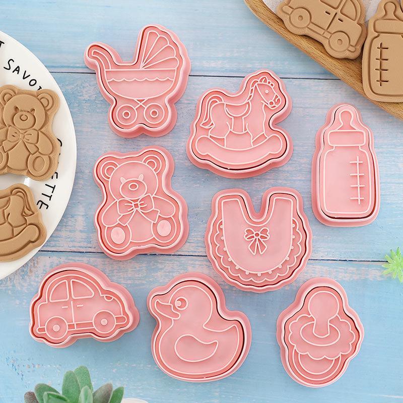 8 Pcs Food Grade Plastic Cookie Cutters 3D Cute Cartoon Press Type Stamps for Home Kitchen DIY Biscuit Baking