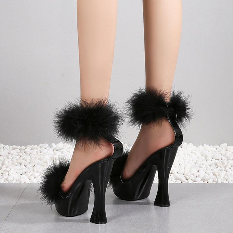 Women's Shoes High Heeled Nightclub Solid Color Thick Heel Mink Hair Fairy Catwalk 1106 Series 14cm Heel 4cm Platform LFD