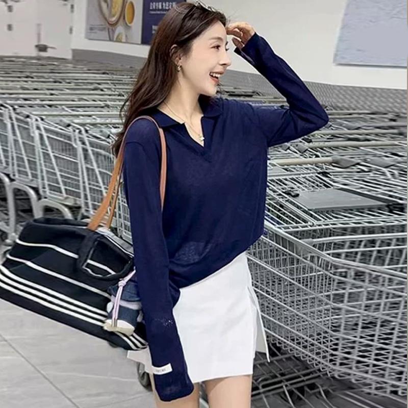 Korean Temperament Lapel Sweater Autumn Women Solid Color Long Sleeve Loose Versatile Knitted Top