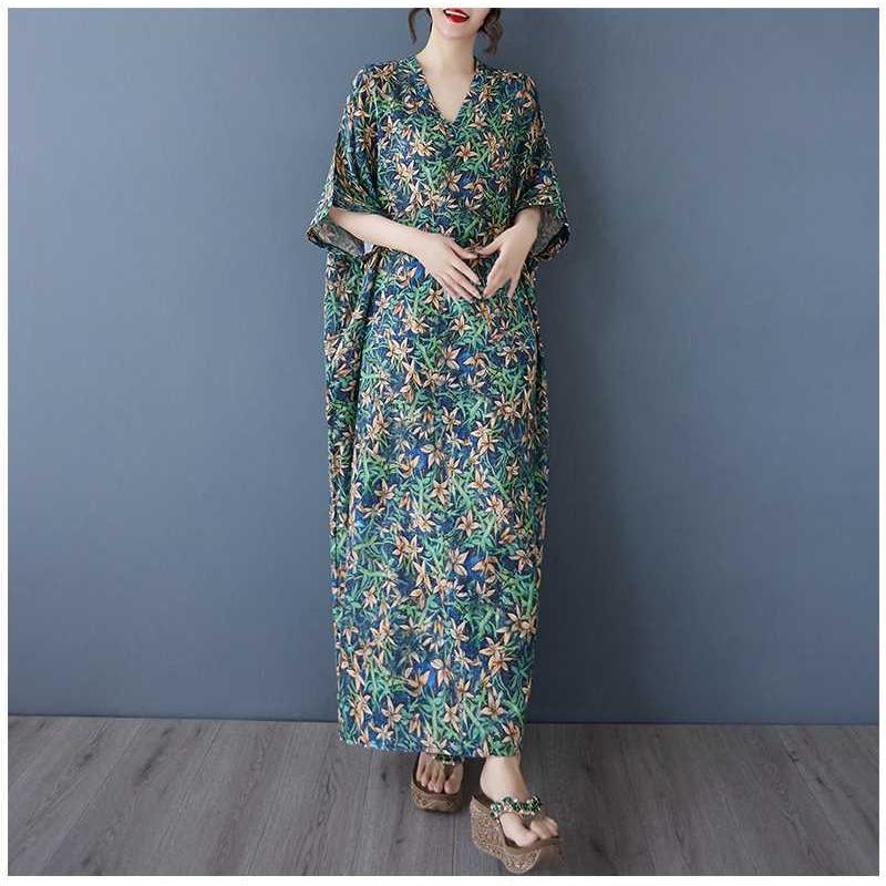 Women's Vintage Long Dress with Cotton and Linen Patterns