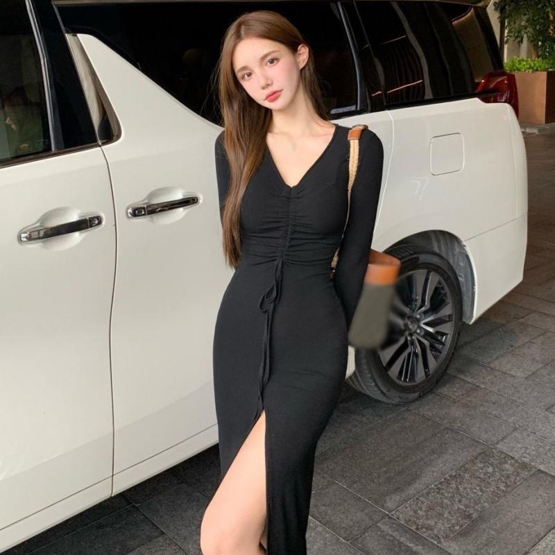 

Женское платье с v-образным вырезом и завязками спереди, с разрезом по бокам, облегающее платье-миди с длинными рукавами M