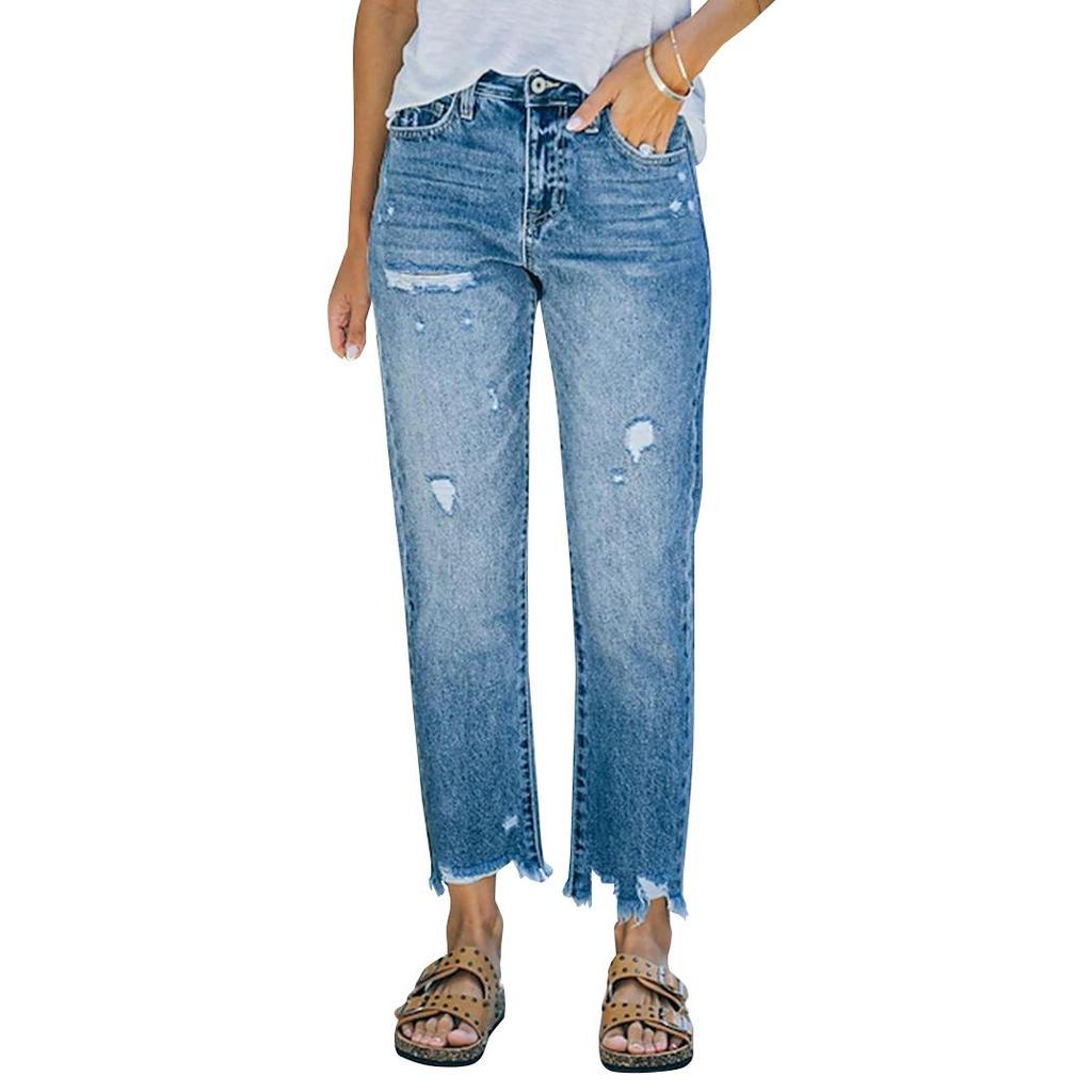 High-Waisted Straight Washed Ripped Women's Long Jeans