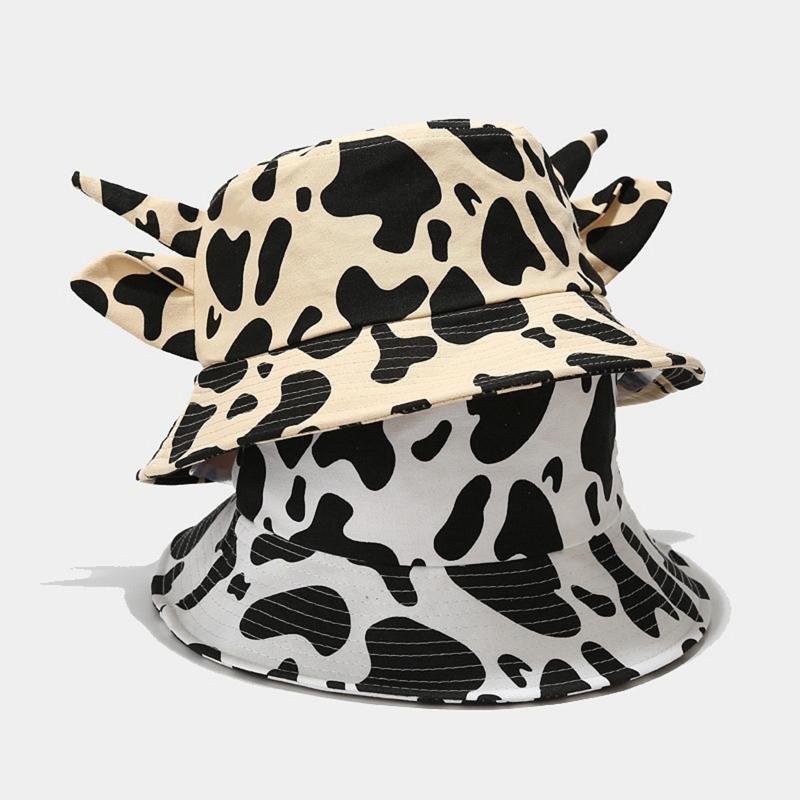 Summer for Sun Cap Wide Brim Fisherman Hat Cow Print Bucket Hat with Horns & Ear
