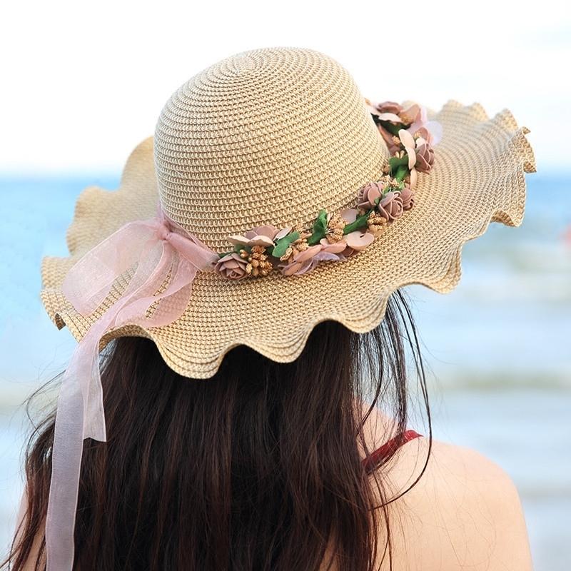Koreansk Stil Damhattar för Sommar Enfärgade UV-skyddande Bredbrättade Floppyhattar Damer Blomstergirlang Strandhattar Vågformad Brätte Solhatt