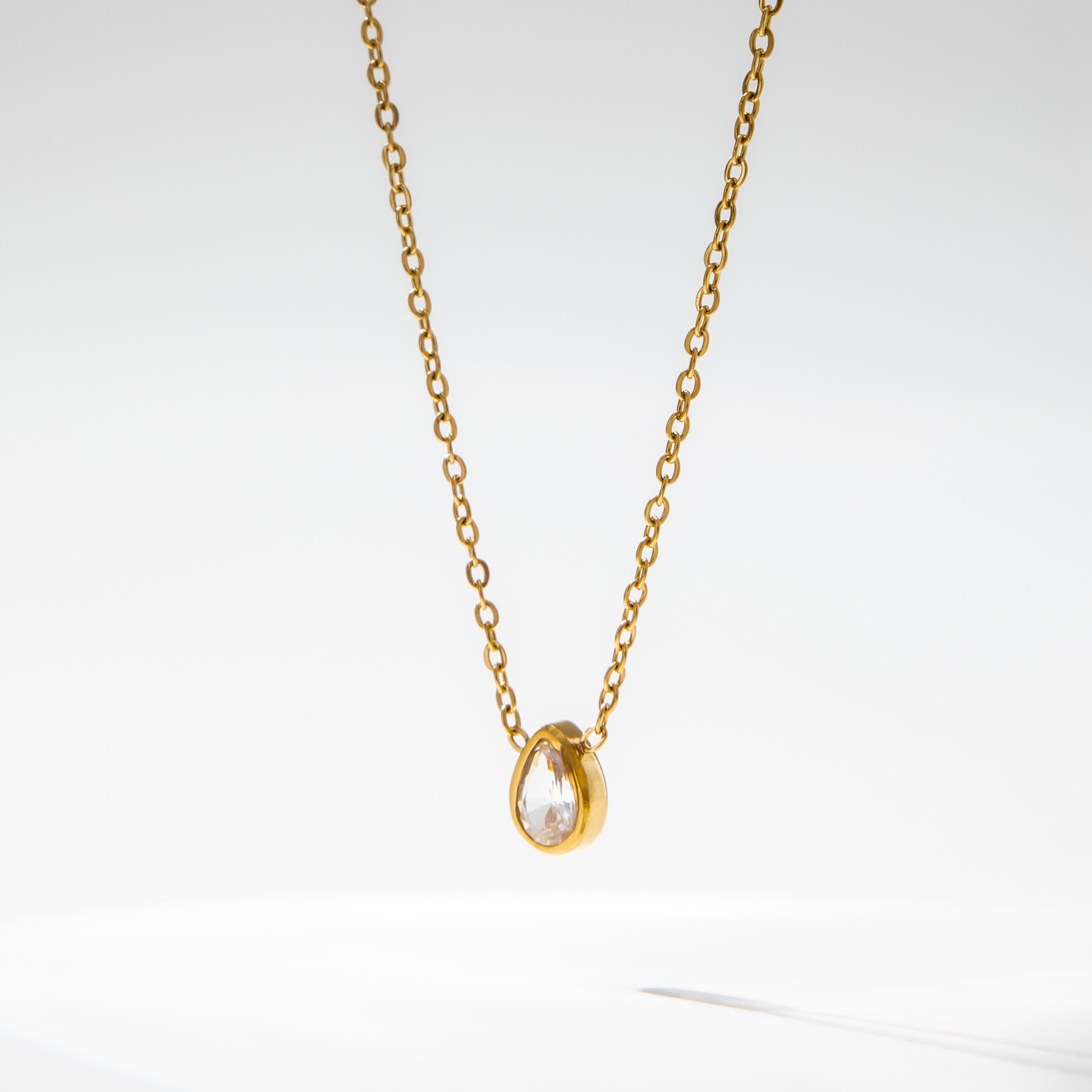 SF8463 High End 18K PVD Gold Plated Waterproof Jewelry Stainless Steel Waterdrop Zircon Necklace for Women