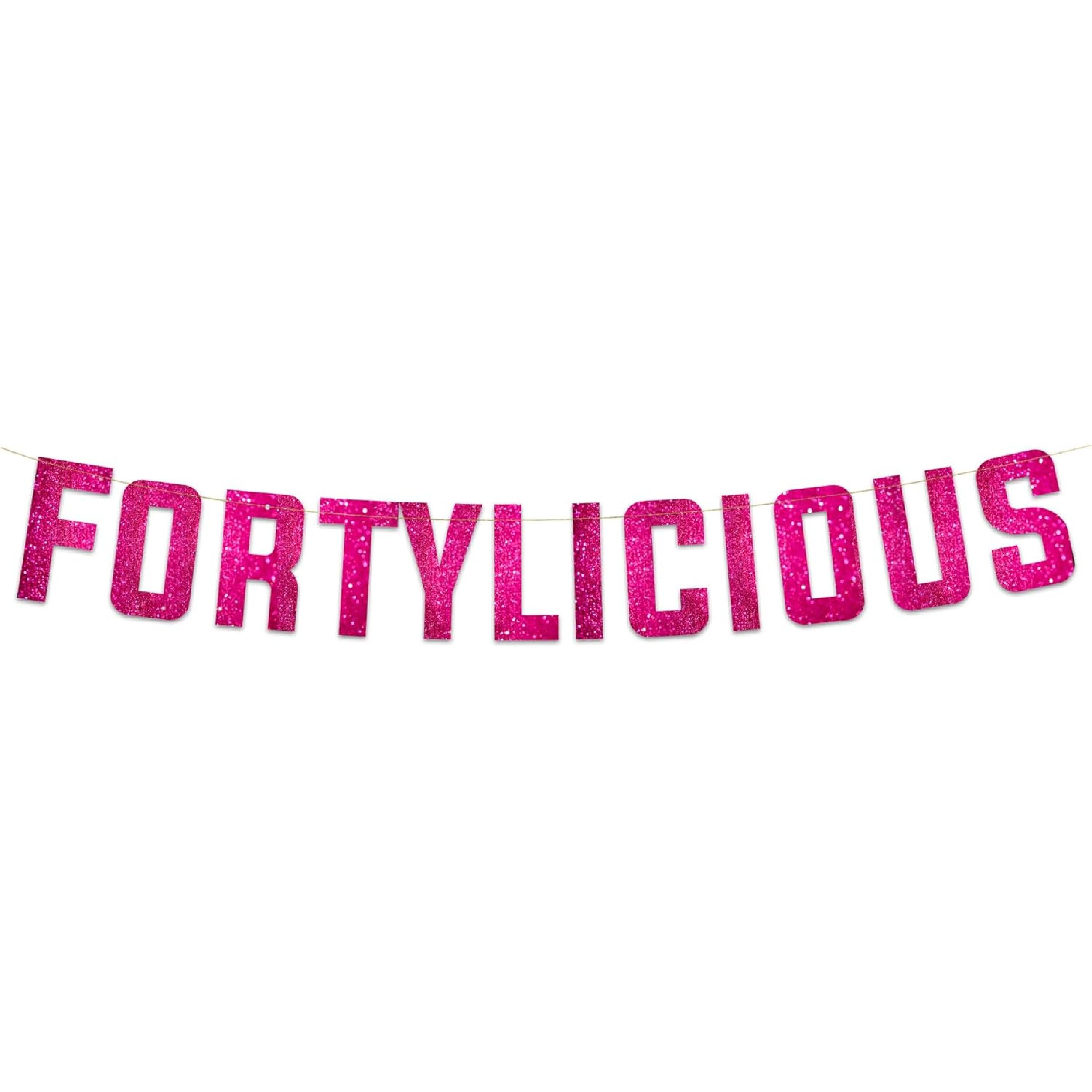 Fortylicious Pink Glitter Banner - Happy 40th Birthday Party Banner - 40th Wedding Anniversary Decorations - Milestone Birthday Party Decorations