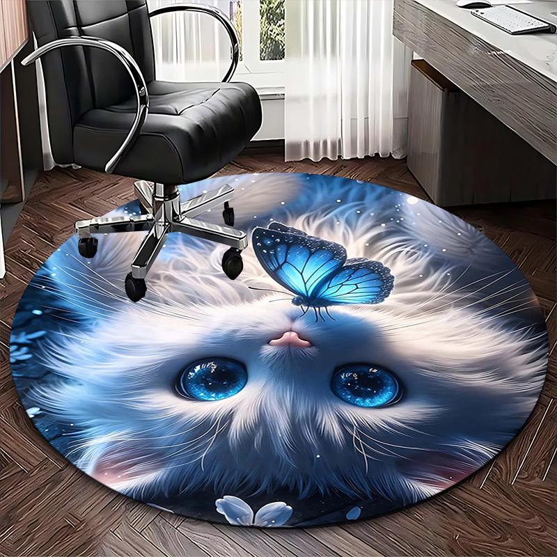 1 Stück Anime-Design Runder Teppich Blaue Schmetterlinge auf Weißer Katze mit Großen Augen, Bürostuhlmatte, Rutschfester Teppich für Heimdekoration, Alle Jahreszeiten