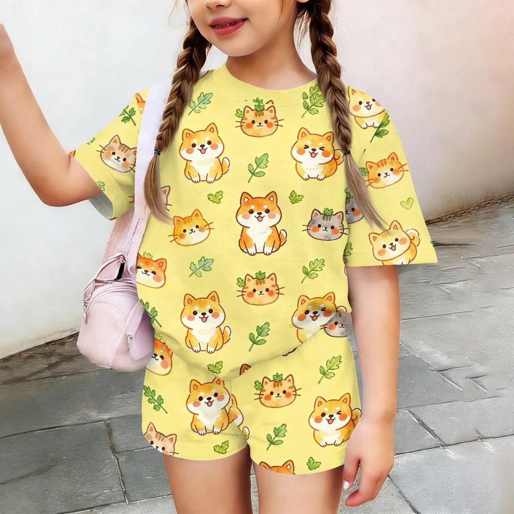Kids Casual Short Sleeve Top and Shorts Set Animal Print Lightweight Breathable Summer Outfit for Boys and Girls Soft Fabric