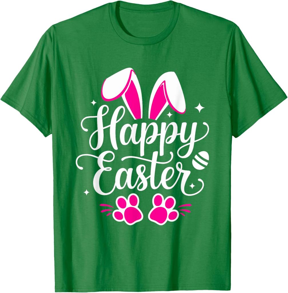 Happy Easter Bunny Paw Print Graphic Tee Casual Short Sleeve T-Shirt Daily Wear