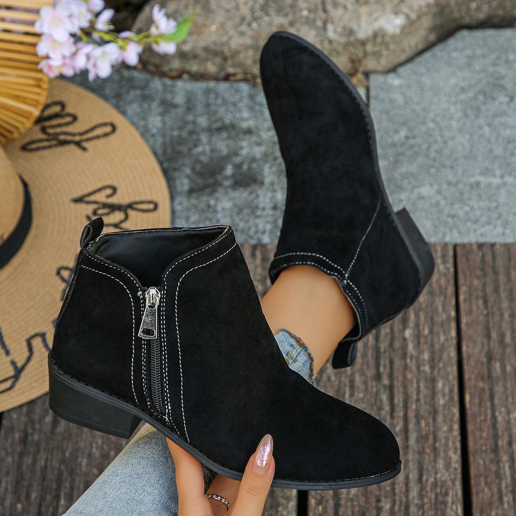 Women's Wide Width Suede Ankle Boots, Dual Side Zipper Retro Booties, European Style Winter Shoes for Women