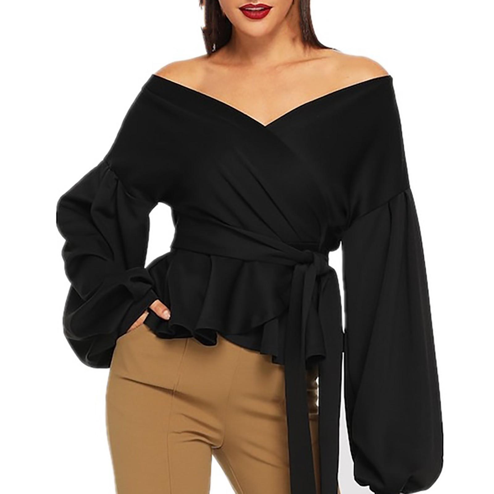 

Женская шифоновая рубашка с v-образным вырезом и бабочкой на талии, топ с открытыми плечами XL чёрный