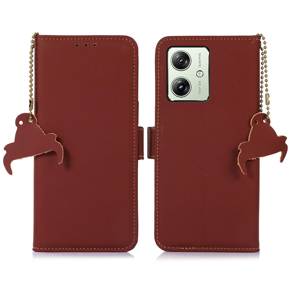 

For Motorola Moto G64 5G Case Anti-Scratch Genuine Cow Leather Phone Cover RFID Blocking Wallet Coffee