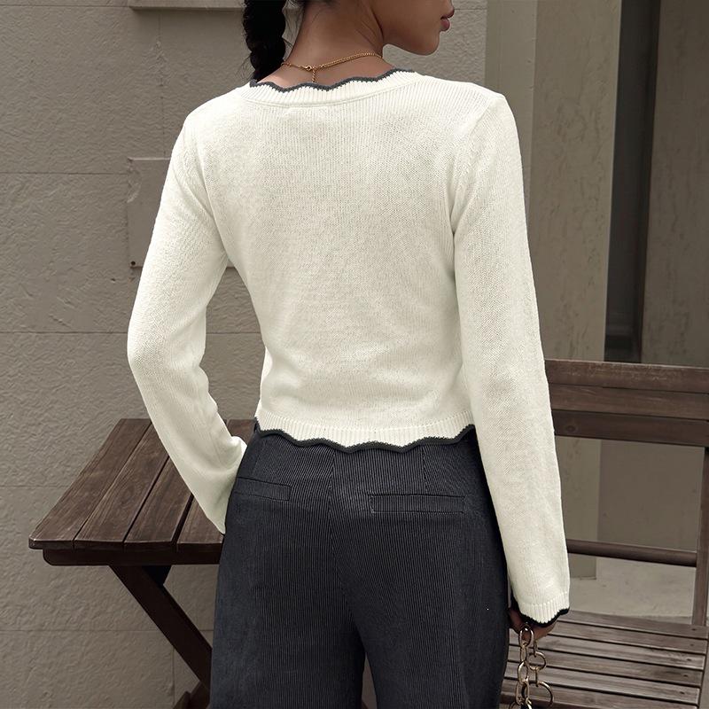 2026 Fall/Winter Color Block V-Neck Knit Sweater - Casual Wave Edge Short Wool Top