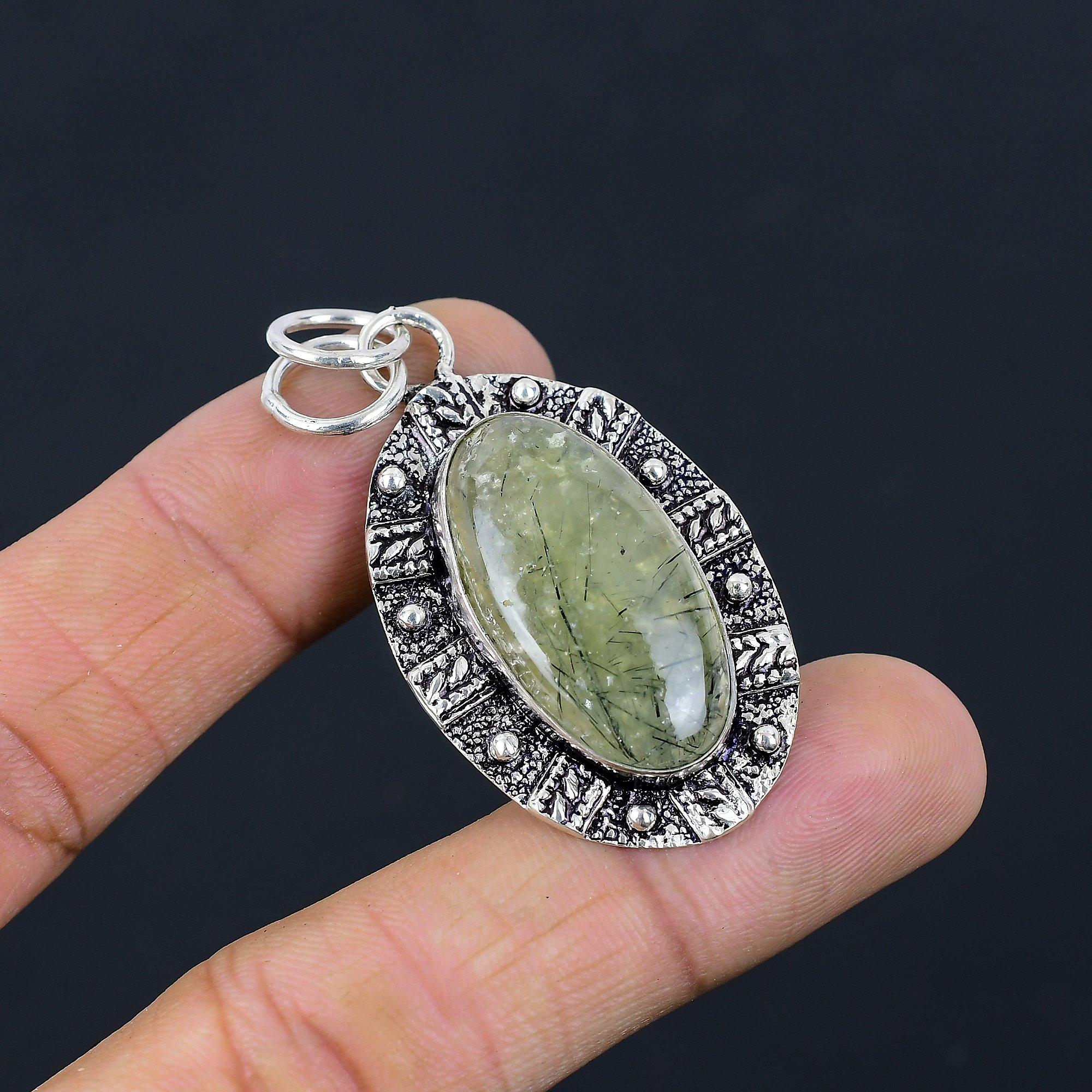 

Womens day Deal Moss Moss Prehnite Stone Sister Boho Pendant 925 Sterling Silver