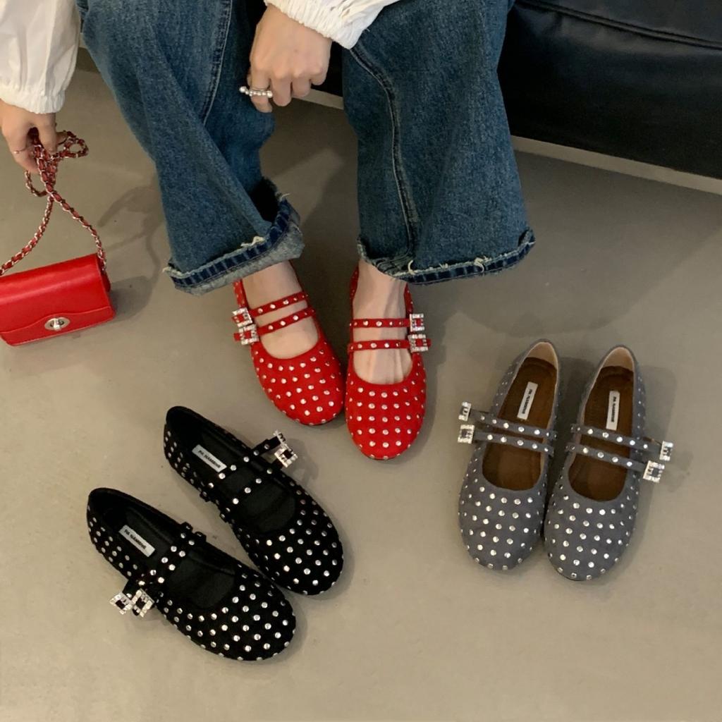 French Rhinestone Mary Jane Single Shoes Women's 2025 Summer New Gypsy Flat Ballet Shoes