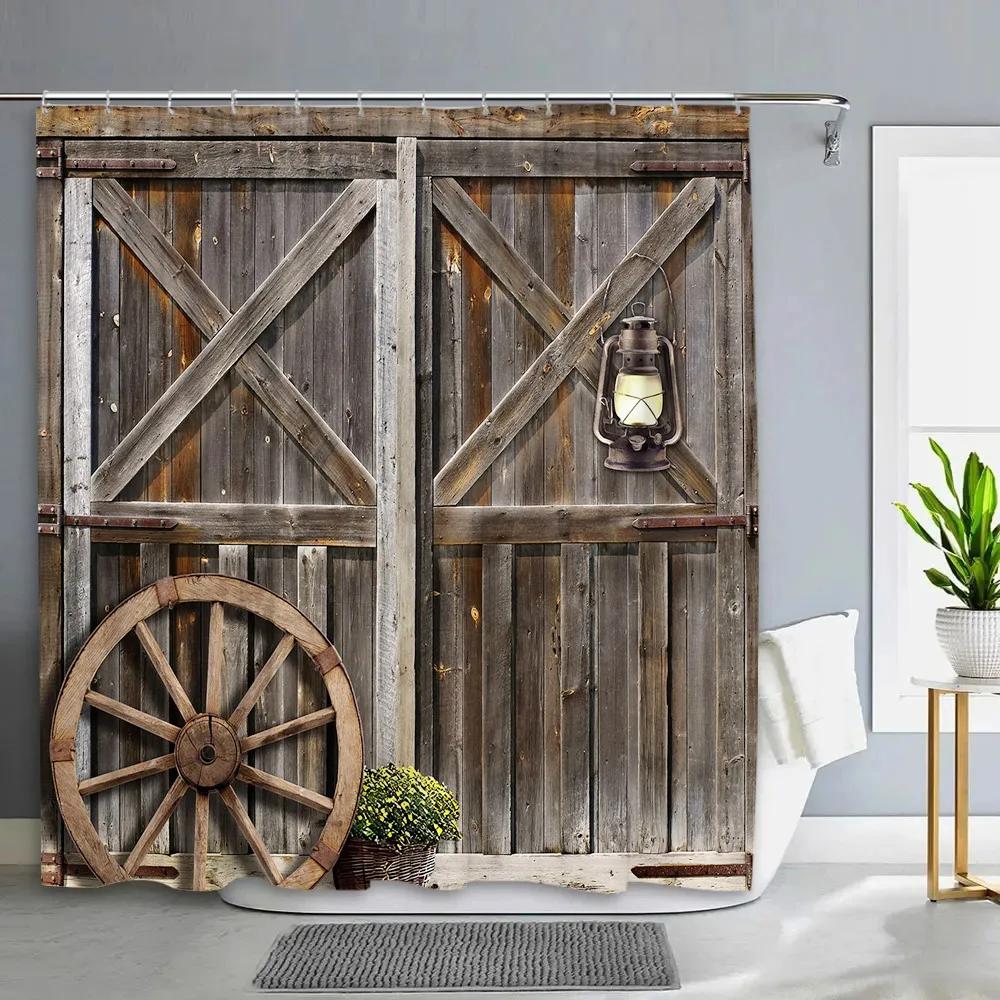 Vintage Rustic Wood Panel Shower Curtain Barn Door Floral Botanical Green Leaf Barn Farm Polyester Fabric Bathroom Decor Curtain