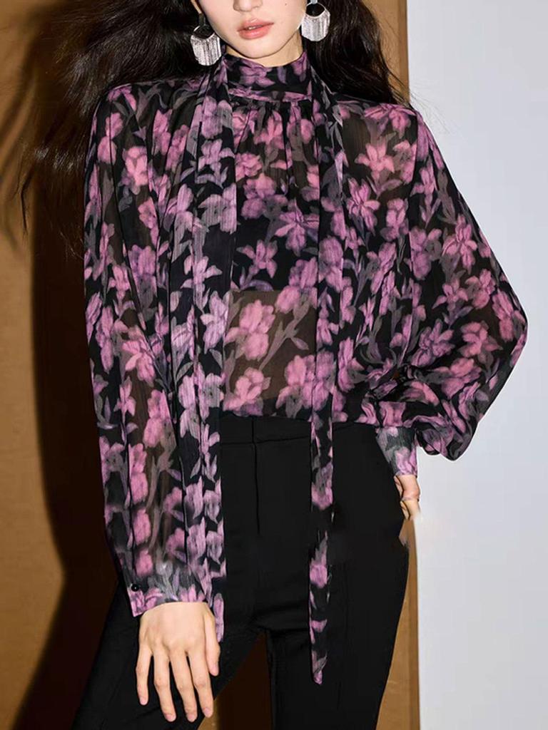 Spring 2026 Elegant French Drape Collar Shirt with Floral Print Crepe