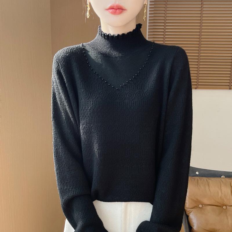 

Women s Lace High Neck Beaded Knit Sweater - Winter Loose-Fit Top L (100-115 kg) чорний