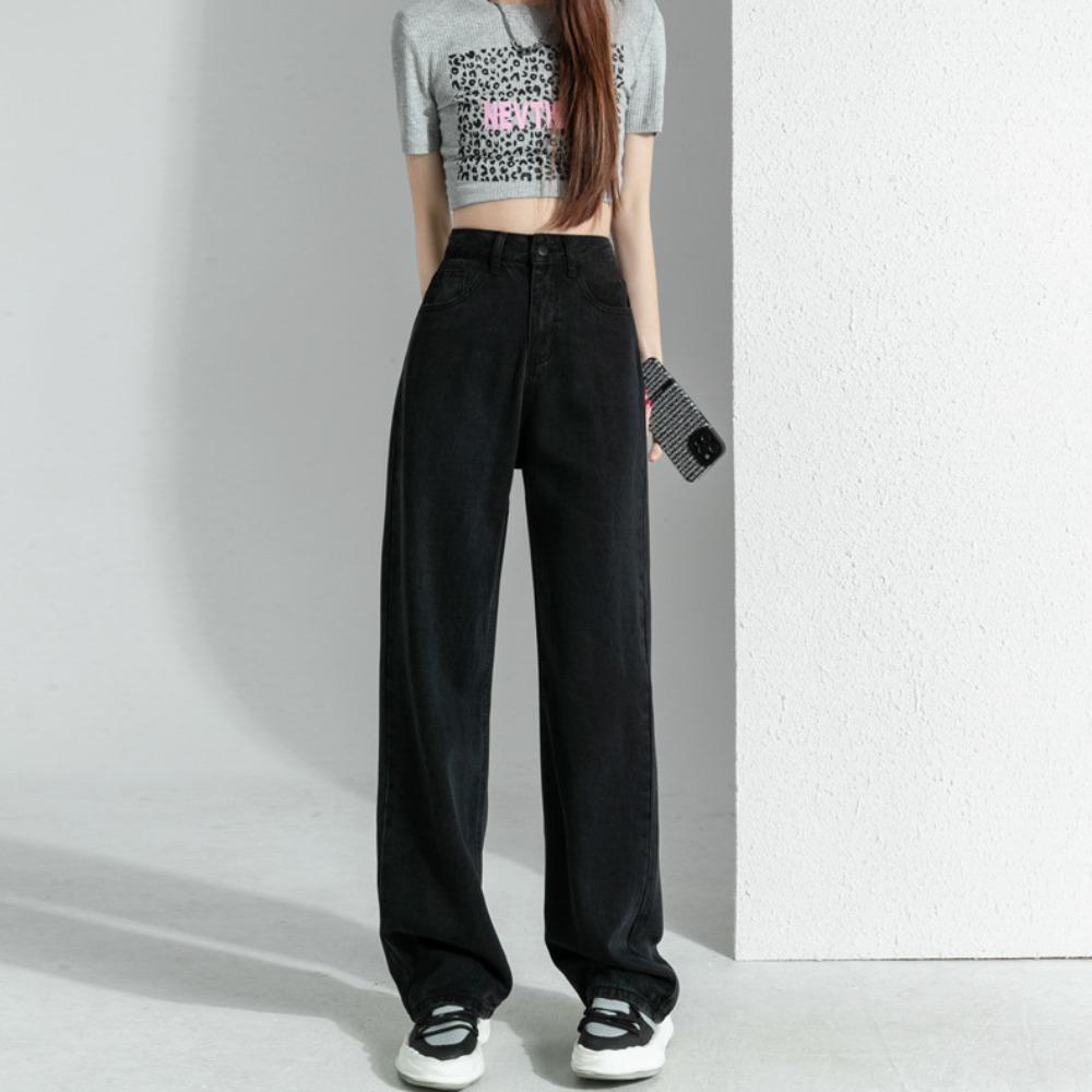 Black Harajuku straight jeans women's 2025 spring and autumn high waist drape loose wide legs mopping denim