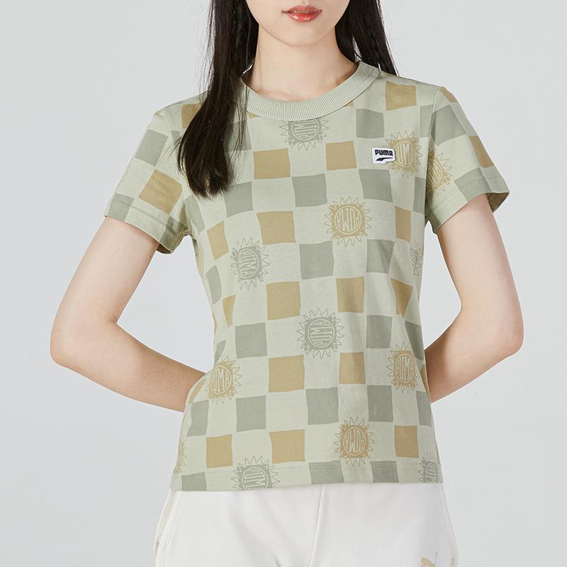 Puma Downtown Aop Tee Checkered Logo Round Neck Short Sleeve T-Shirt Women Tops Light-Green 535379-33
