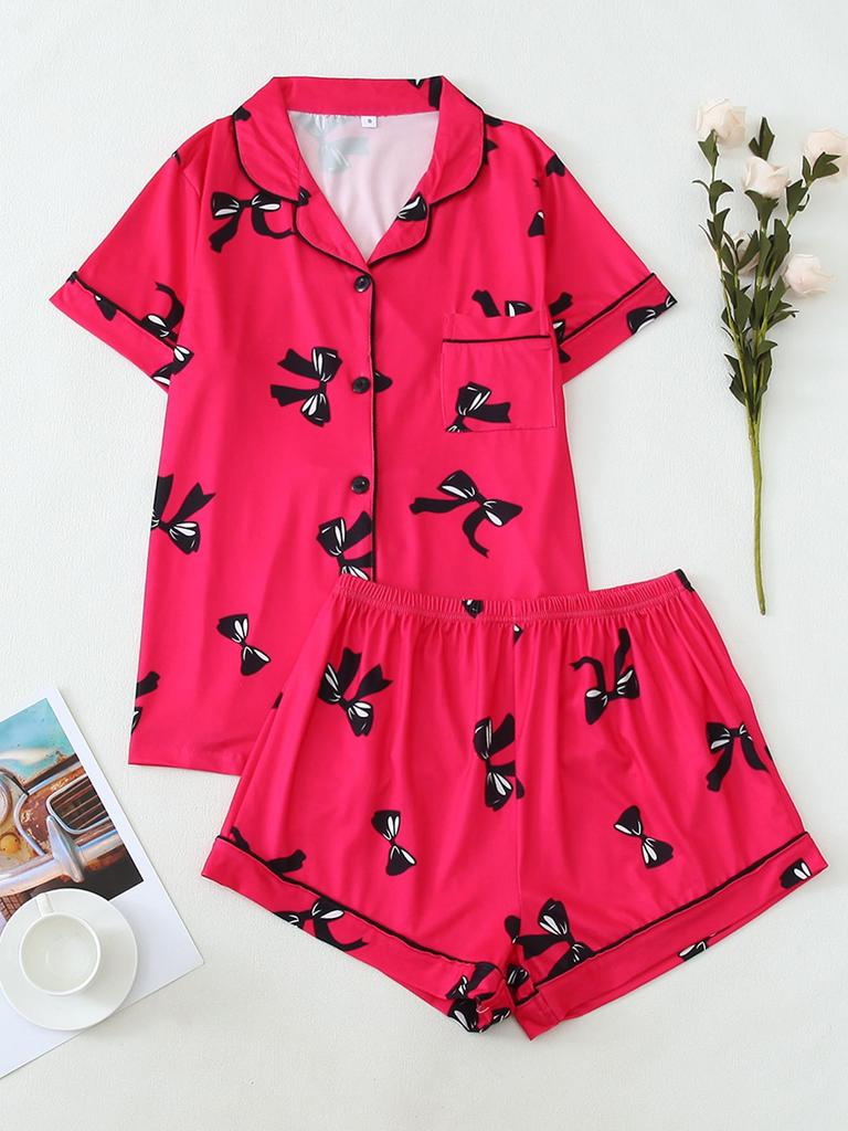Bow Short-Sleeve Pajama Shorts Set – Stylish Indoor/Outdoor Wear