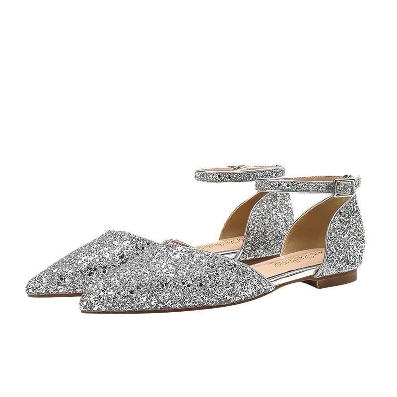 Pointed shoes, flat shoes, comfortable word with sequins, sexy hollow light hair shoes, wedding shoes are not tired, wear shoes outside the feet