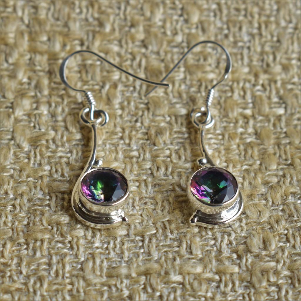 Mystic Topas 925er Sterlingsilber Ohrringe, Handgefertigte runde Edelstein-Hänger