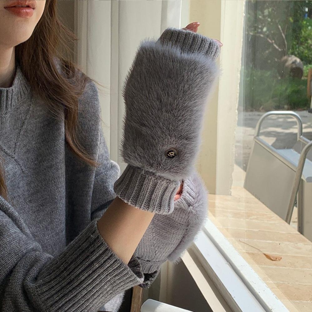 Warm Knitted Gloves Soft Plush Gloves Fashionable Half-Finger Gloves Women
