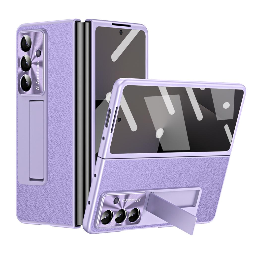For Samsung Galaxy Z Fold7 5G Case Kickstand Leather+PC Phone Cover with Tempered Glass Film