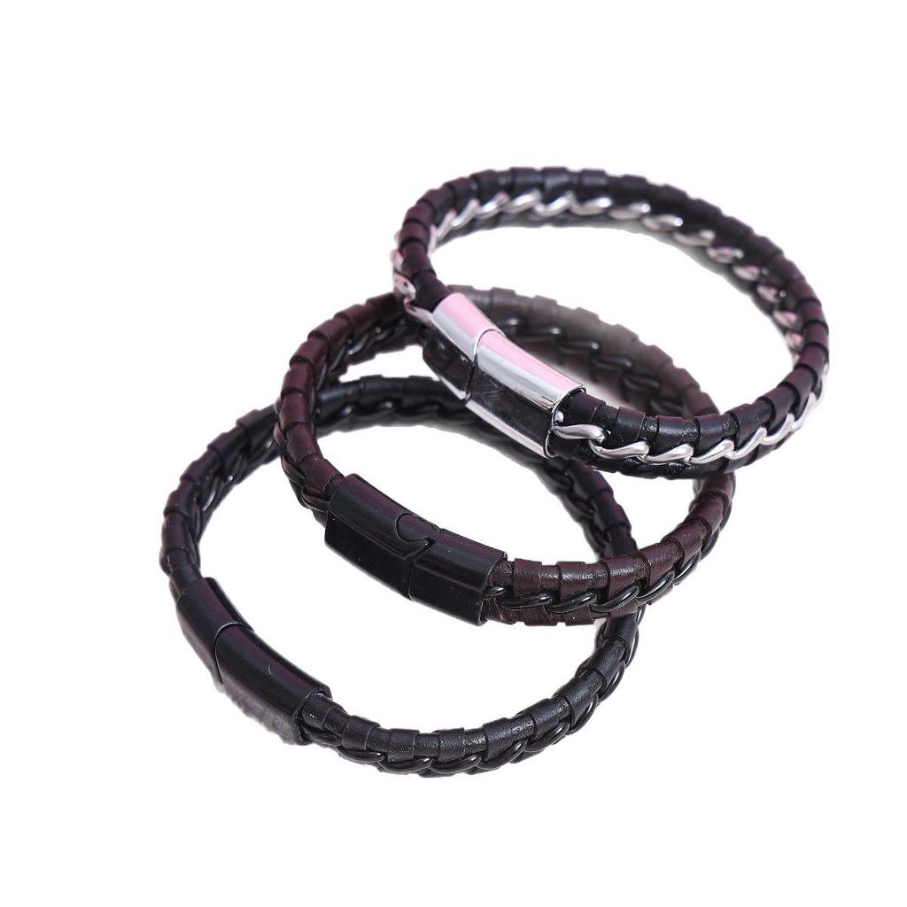 Men's Titanium Steel Woven Leather Bracelet: European-American Style, Korean Trend, Simple Bangle
