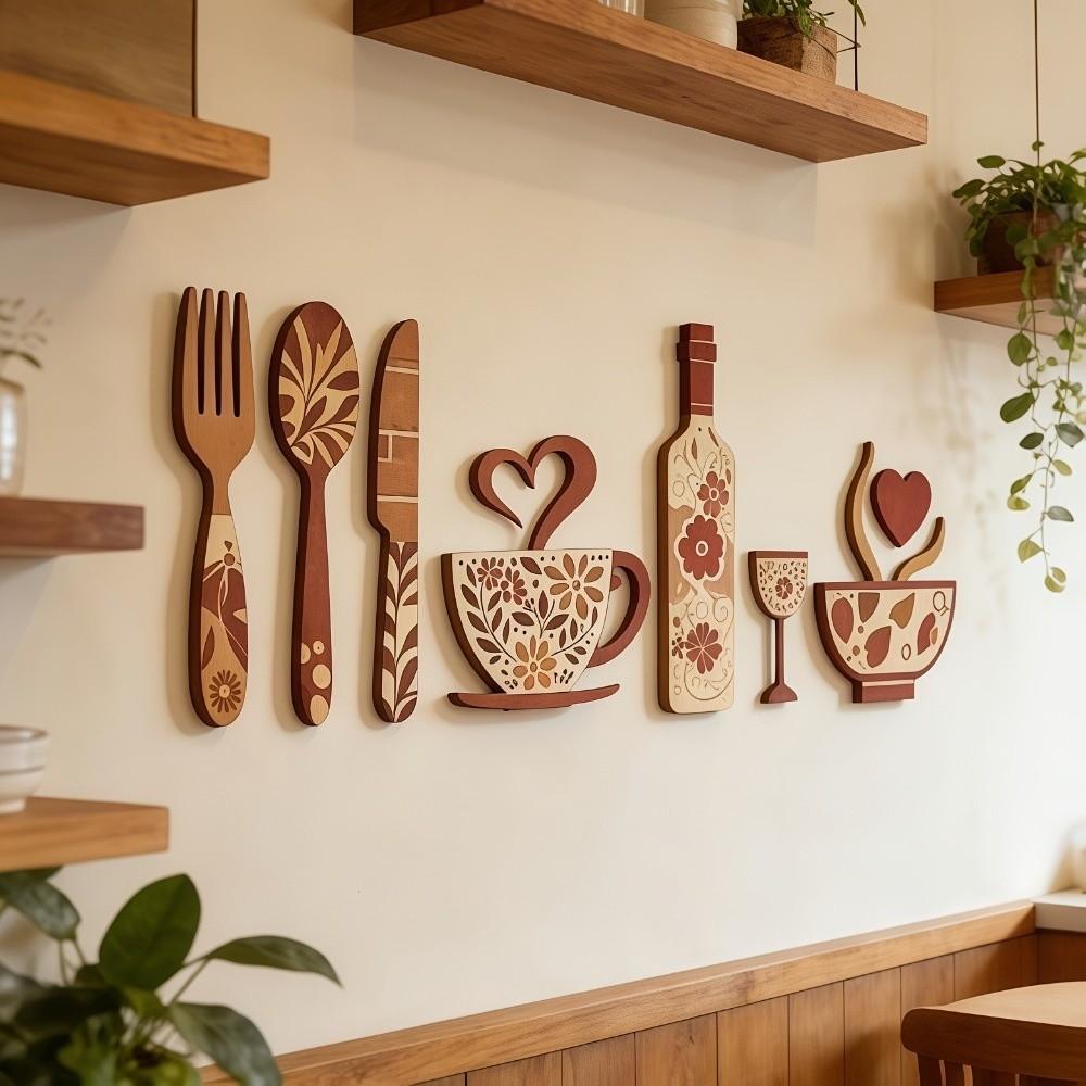 Vintage Wood Floral Kitchen Utensil Pendant Coffee Cup Wine Bottle Creative Hanging Art Bar