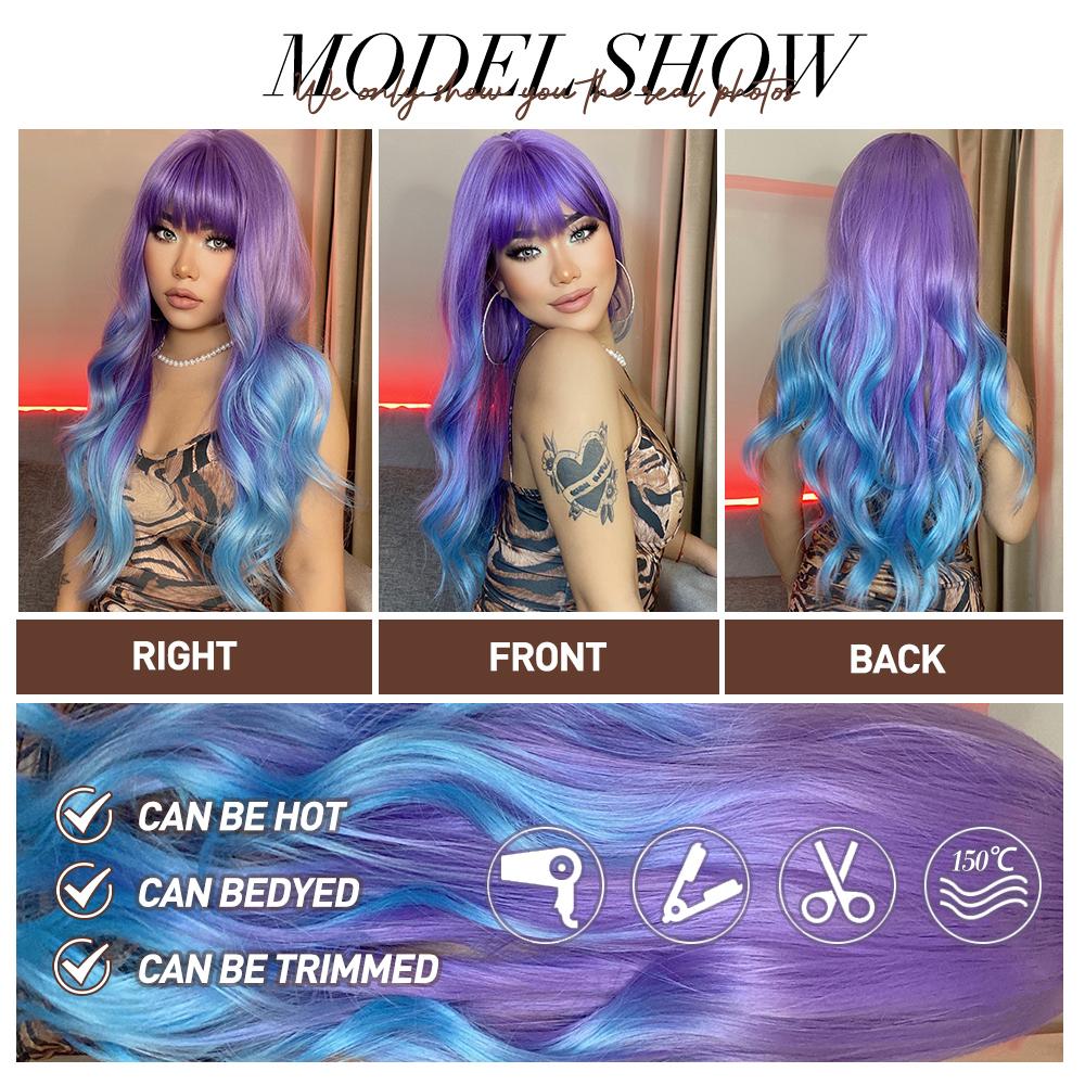 oneNonly Purple Blue Wig with Bangs Long Wavy Cosplay Lolita   Women Wigs  Halloween Party High Temperature Hair