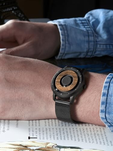 EUTOUR Men's Wooden Magnetic Watch, Fashionable Sports Quartz Watch with Black Dial and Black Stainless Steel Band, Mesh Strap