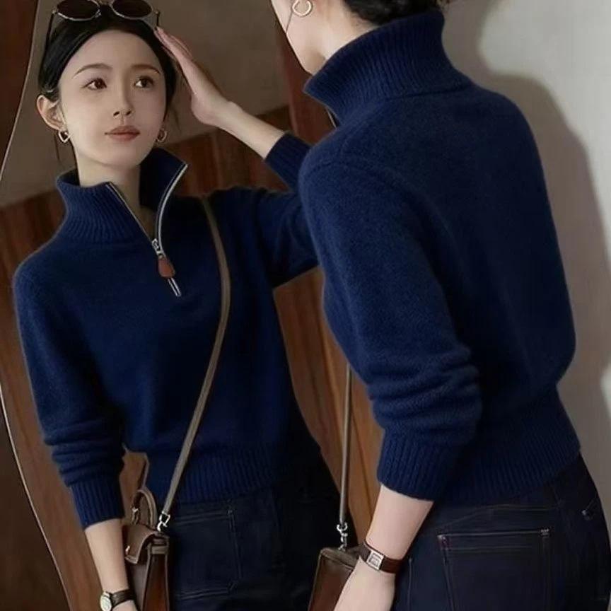 Women's Half-Zip High-Neck Slimming Knit Sweater - Fashionable Long-Sleeved Base Layer Top