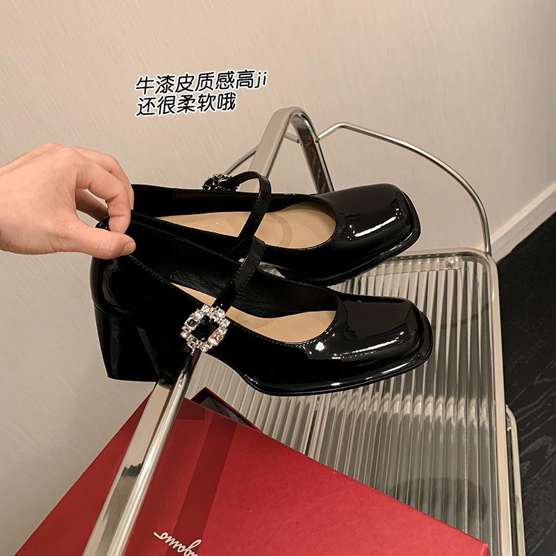 Spring 2025 French patent leather square head thick heel high heels women's one-button Mary Jane shoes Korean version of all-match single shoes
