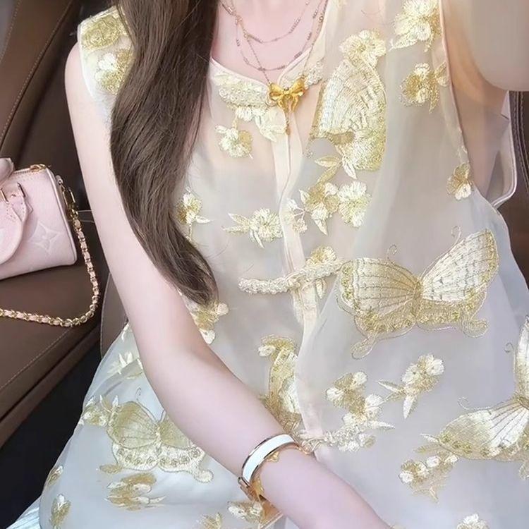 

2025 летний тонкий жилет из органзы, вышитый жилет, жилет для ношения, жилет-топ M (under 50kg recommended)